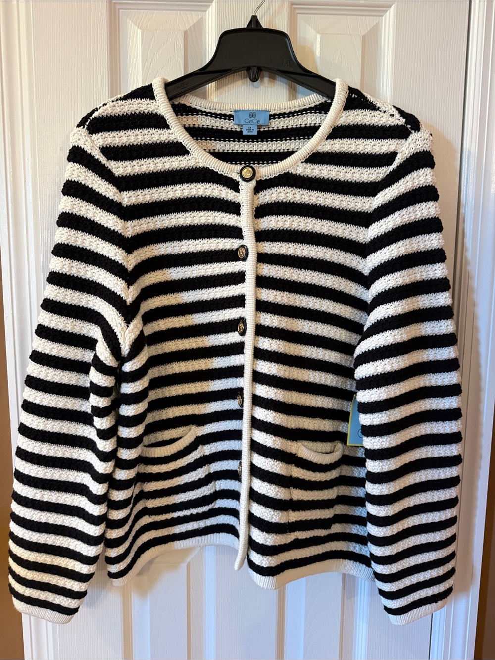 CeCe Black & White Striped Button-Front Cardigan